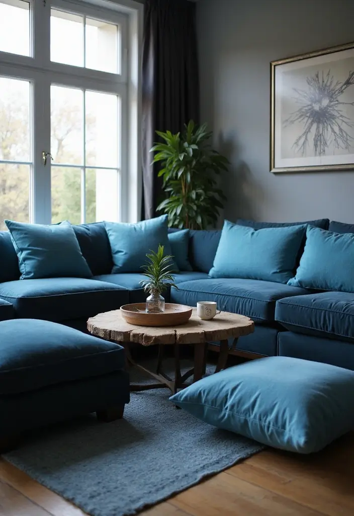 29 Black and Blue Living Room Ideas That Feel Cool and Modern - 23. Blue Cushions on Black Furniture