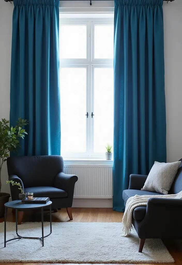 29 Black and Blue Living Room Ideas That Feel Cool and Modern - 25. Stylish Blue and Black Curtains