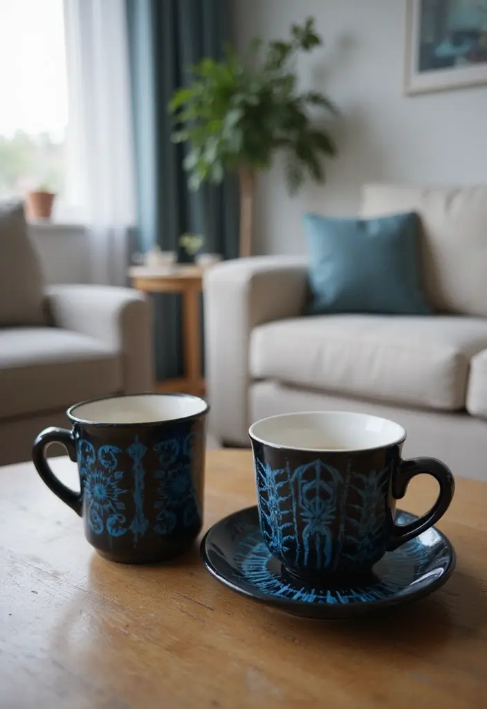 29 Black and Blue Living Room Ideas That Feel Cool and Modern - 26. Black Coffee Mugs with Blue Patterns