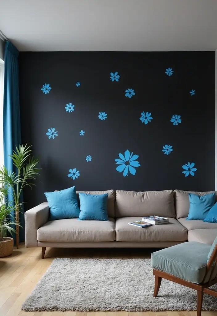29 Black and Blue Living Room Ideas That Feel Cool and Modern - 27. Blue and Black Wall Stickers