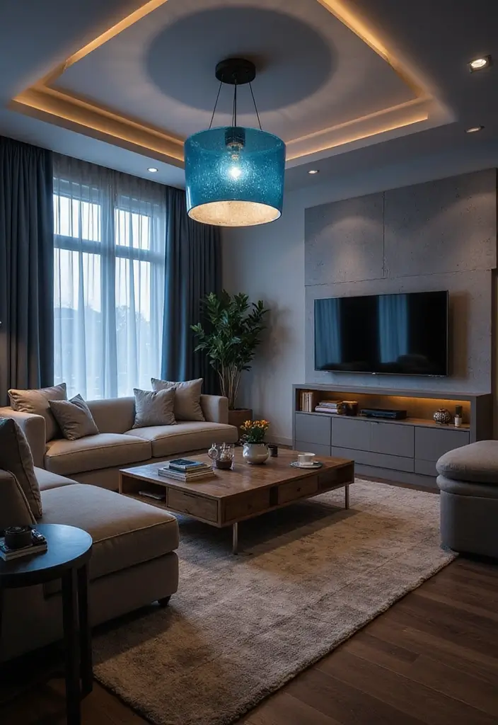 29 Black and Blue Living Room Ideas That Feel Cool and Modern - 29. Accent Lighting in Black and Blue Shades