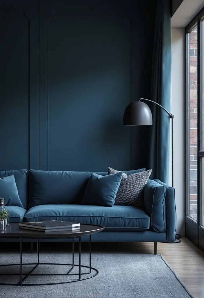 29 Black and Blue Living Room Ideas That Feel Cool and Modern - 3. Monochromatic Black and Blue Palette