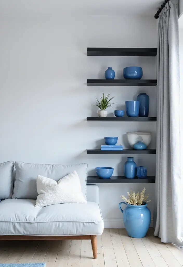 29 Black and Blue Living Room Ideas That Feel Cool and Modern - 4. Minimalist Black Shelves with Blue Decor