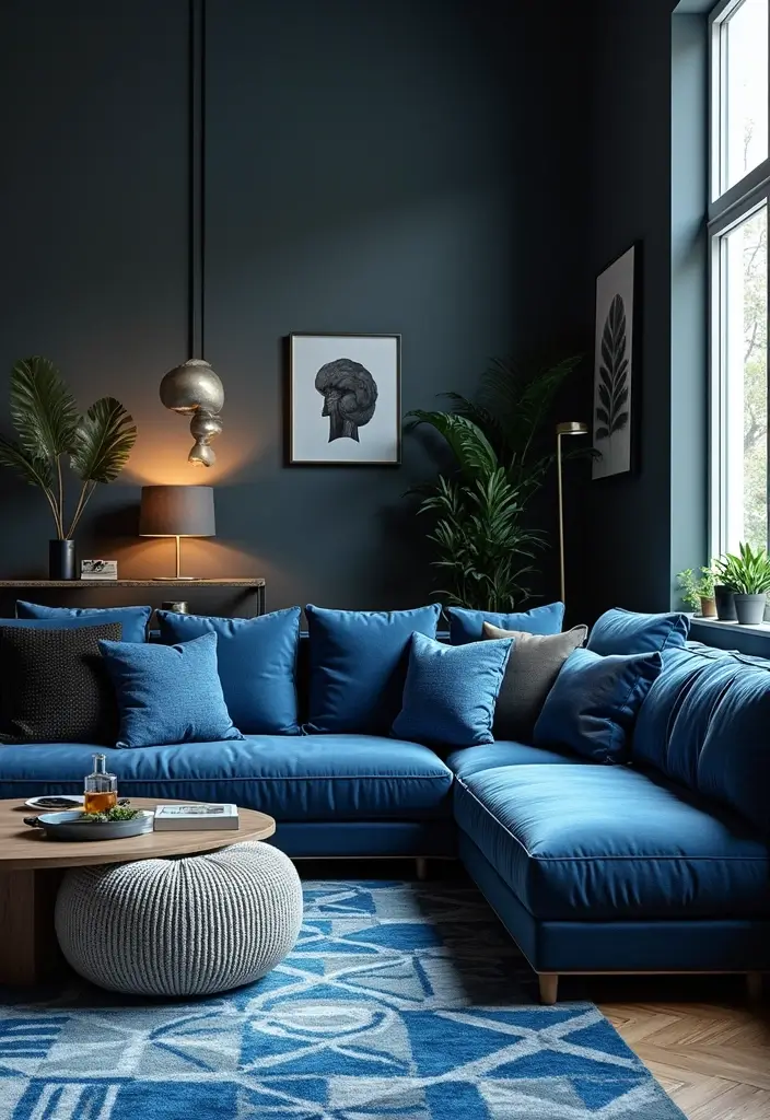 29 Black and Blue Living Room Ideas That Feel Cool and Modern - 5. Geometric Blue Patterns on Black Furniture