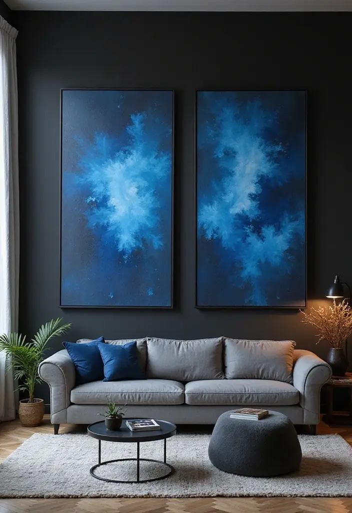 29 Black and Blue Living Room Ideas That Feel Cool and Modern - 6. Blue Art Pieces Against Black Walls