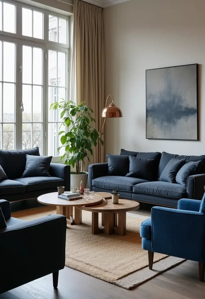 29 Black and Blue Living Room Ideas That Feel Cool and Modern - 8. Black and Blue Furniture Grouping