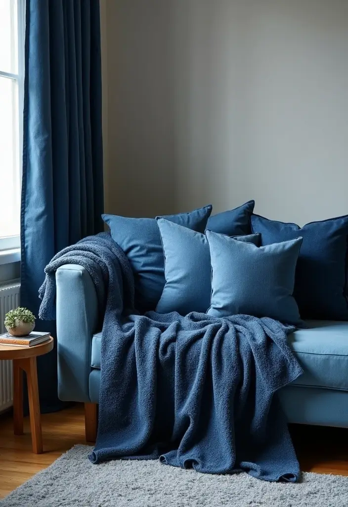 29 Black and Blue Living Room Ideas That Feel Cool and Modern - 9. Blue and Black Textiles for Soft Accents