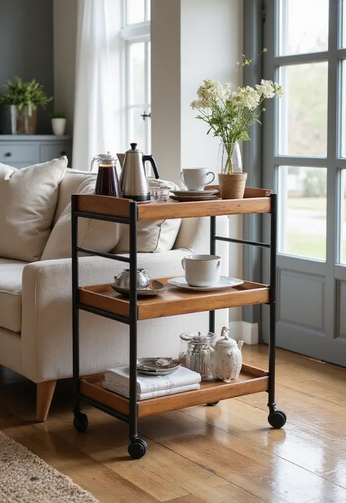 29 Coffee Corner Ideas in Living Room That Feel Cozy and Inviting - 11. Coffee Bar Cart