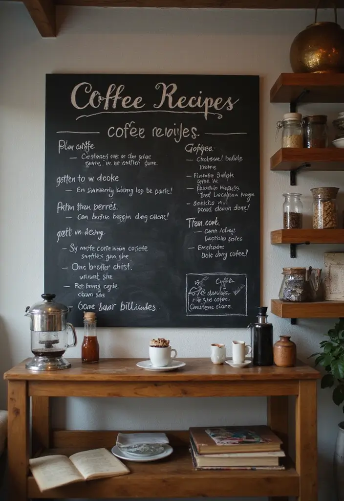 29 Coffee Corner Ideas in Living Room That Feel Cozy and Inviting - 20. Coffee Recipe Boards