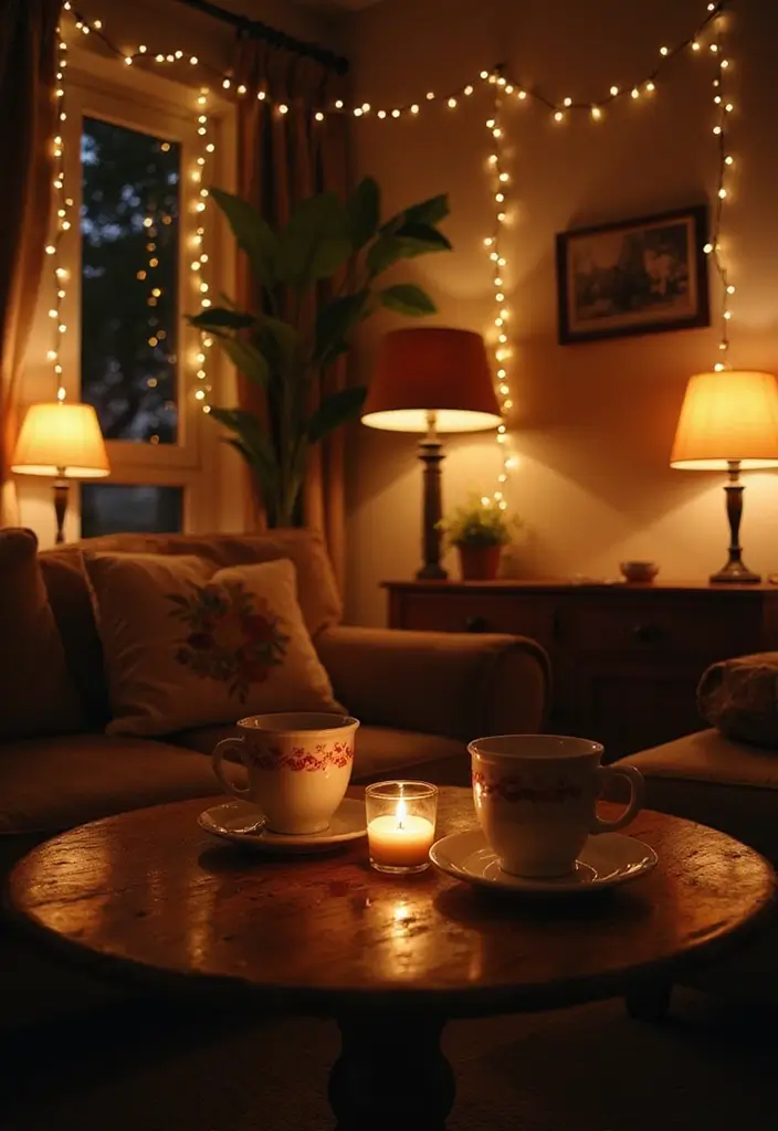 29 Coffee Corner Ideas in Living Room That Feel Cozy and Inviting - 9. Cozy Lighting Options