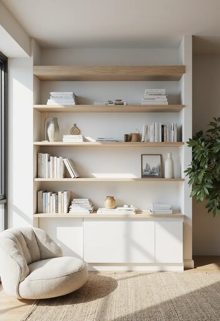 29 Flat Living Room Ideas That Feel Minimal and Elegant - 10. Minimalist Bookshelves