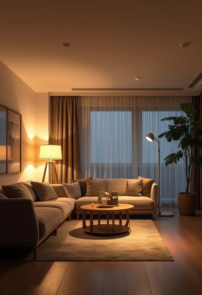 29 Flat Living Room Ideas That Feel Minimal and Elegant - 18. Layered Lighting Plans