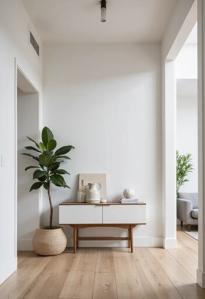29 Flat Living Room Ideas That Feel Minimal and Elegant - 24. Minimalist Entryway Transition