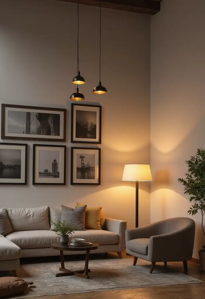 29 Flat Living Room Ideas That Feel Minimal and Elegant - 6. Sleek Lighting Fixtures