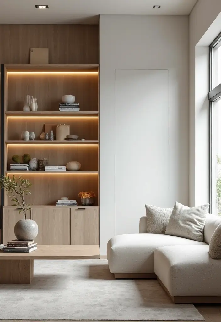 29 Flat Living Room Ideas That Feel Minimal and Elegant - 7. Open Shelving