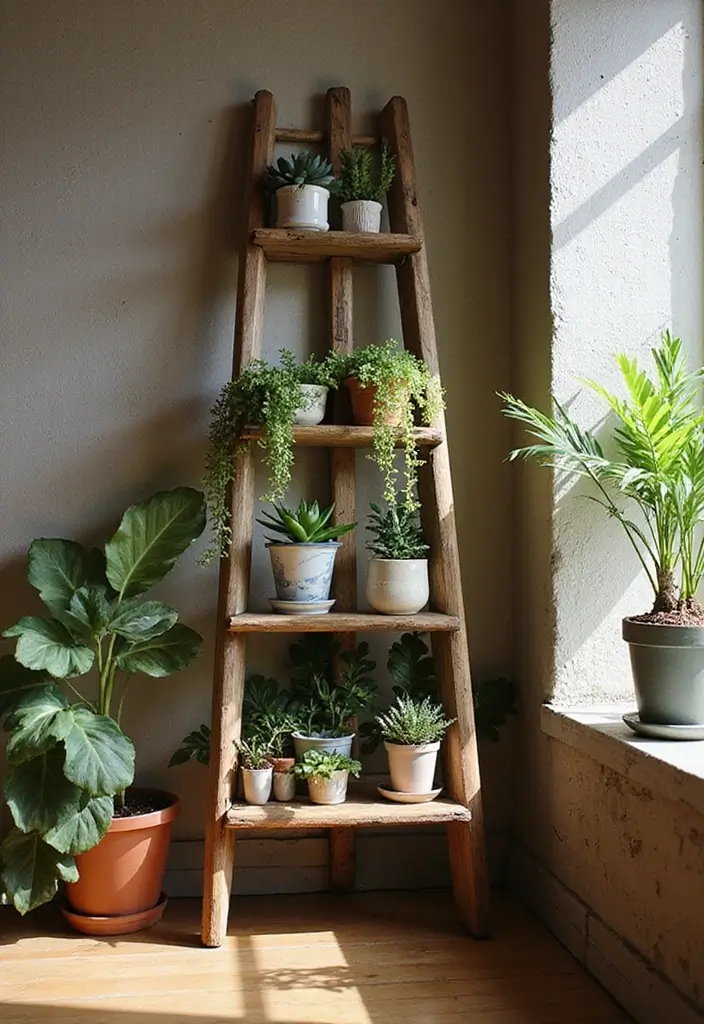 29 Ladder Shelf Living Room Ideas That Look Modern and Functional - 1. Rustic Wood Ladder Shelf with Plants