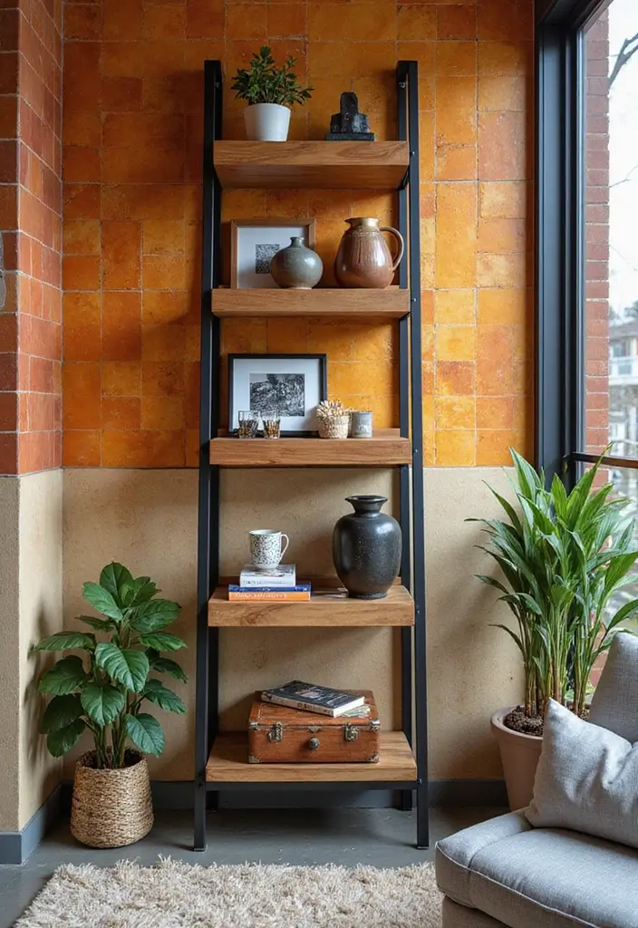29 Ladder Shelf Living Room Ideas That Look Modern and Functional - 10. Ladder Shelf with a Tiled Backdrop