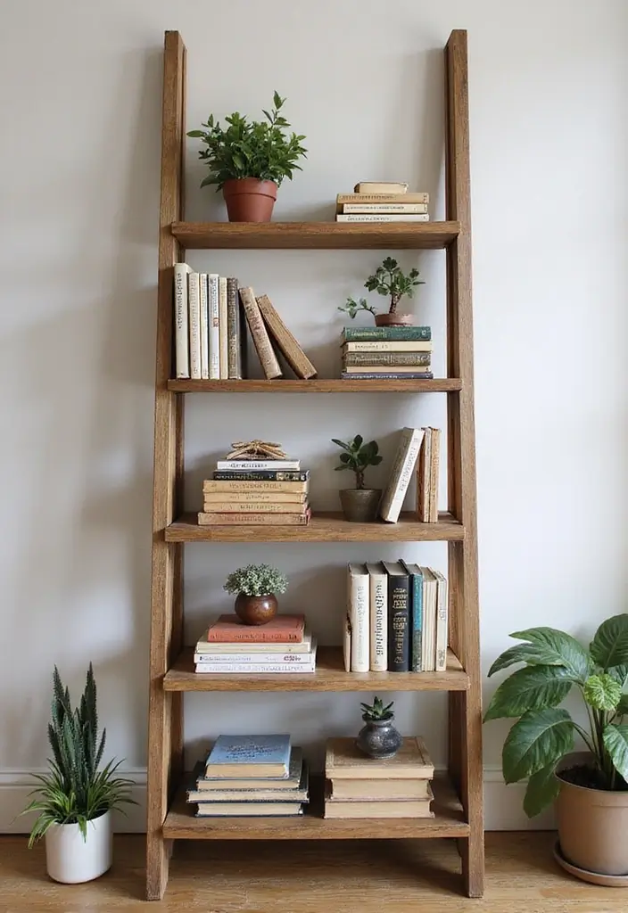 29 Ladder Shelf Living Room Ideas That Look Modern and Functional - 11. Ladder Shelf for Cozy Book Display