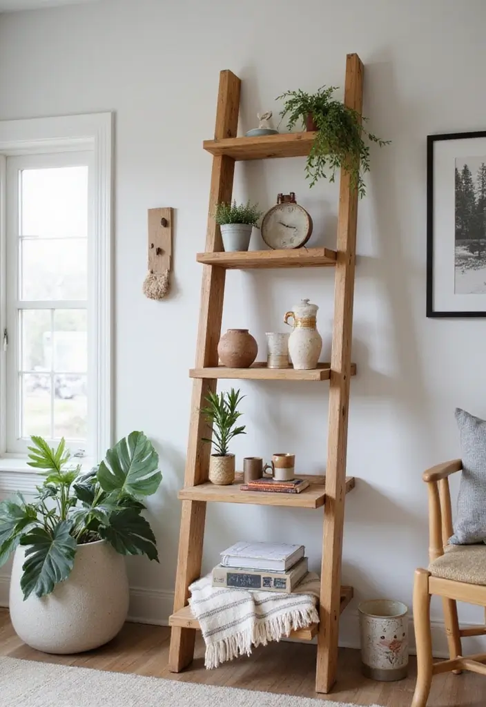 29 Ladder Shelf Living Room Ideas That Look Modern and Functional - 12. DIY Ladder Shelf with Unique Designs
