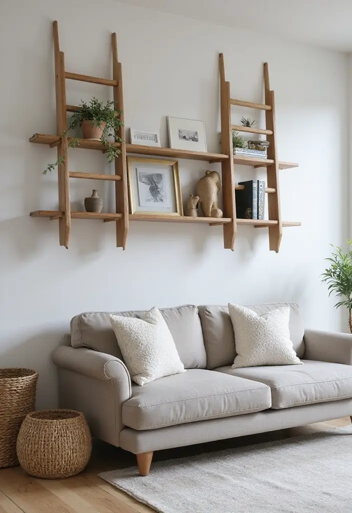 29 Ladder Shelf Living Room Ideas That Look Modern and Functional - 13. Ladder Shelf with Integrated Couches