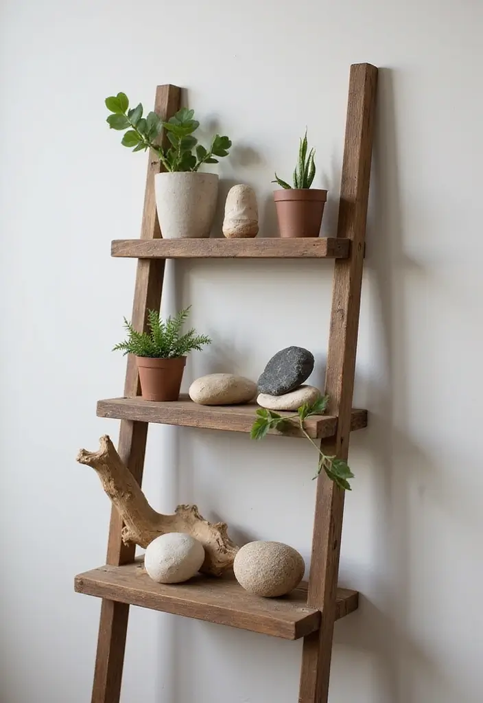 29 Ladder Shelf Living Room Ideas That Look Modern and Functional - 14. Ladder Shelf Inspiration from Nature