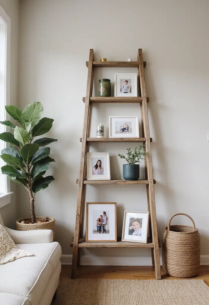 29 Ladder Shelf Living Room Ideas That Look Modern and Functional - 15. Ladder Shelf as a Family Photo Display