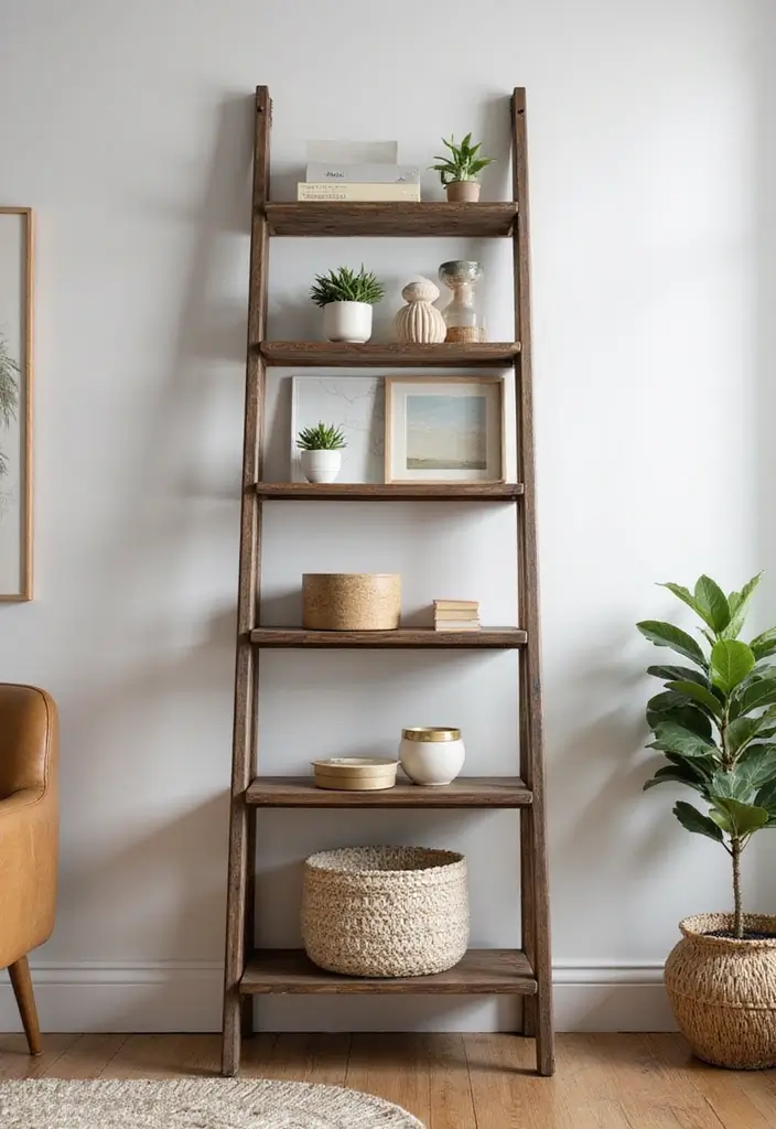29 Ladder Shelf Living Room Ideas That Look Modern and Functional - 16. Ladder Shelf with Multi-level Storage