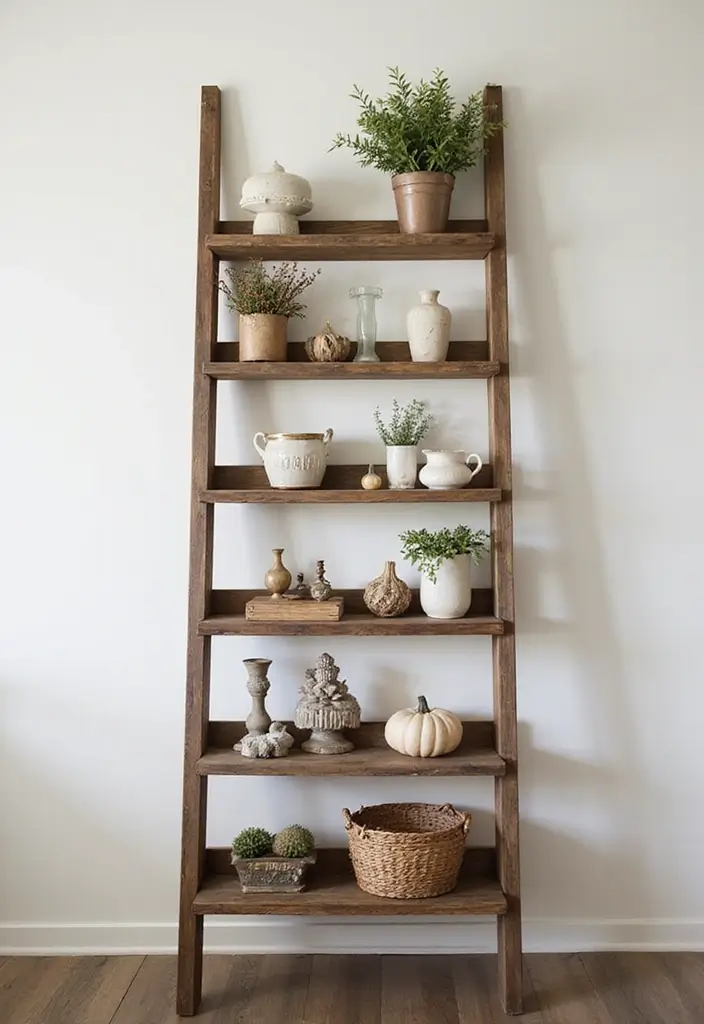 29 Ladder Shelf Living Room Ideas That Look Modern and Functional - 17. Ladder Shelf with Seasonal Decor