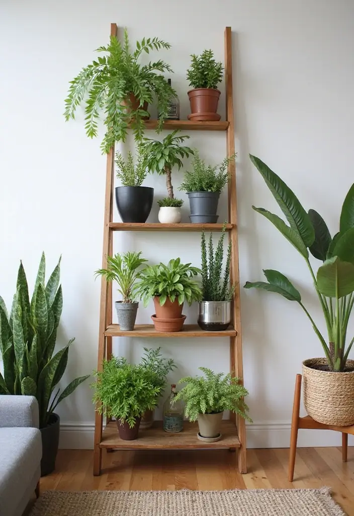 29 Ladder Shelf Living Room Ideas That Look Modern and Functional - 18. Ladder Shelf with Vertical Garden