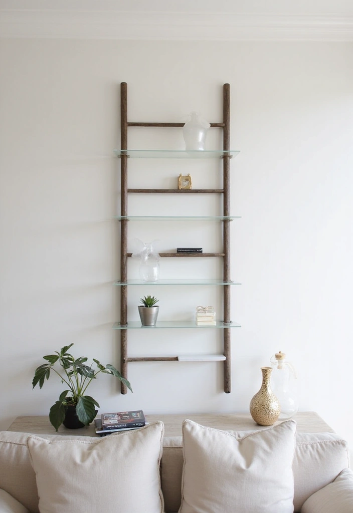 29 Ladder Shelf Living Room Ideas That Look Modern and Functional - 19. Ladder Shelf with Floating Elements