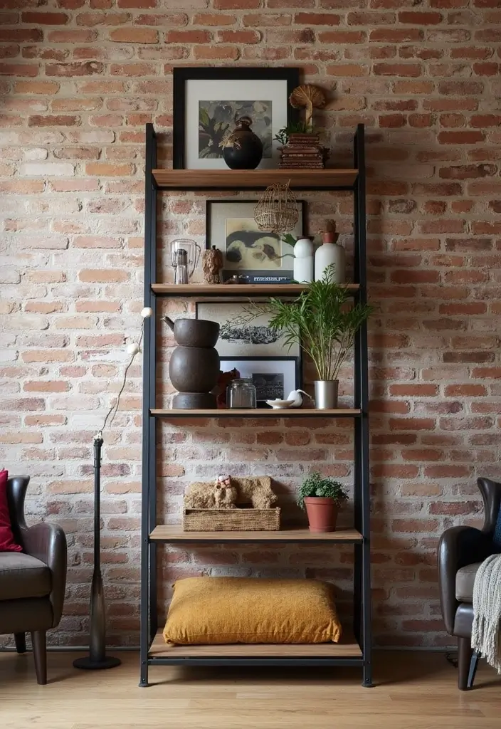 29 Ladder Shelf Living Room Ideas That Look Modern and Functional - 2. Industrial Metal Ladder Shelf