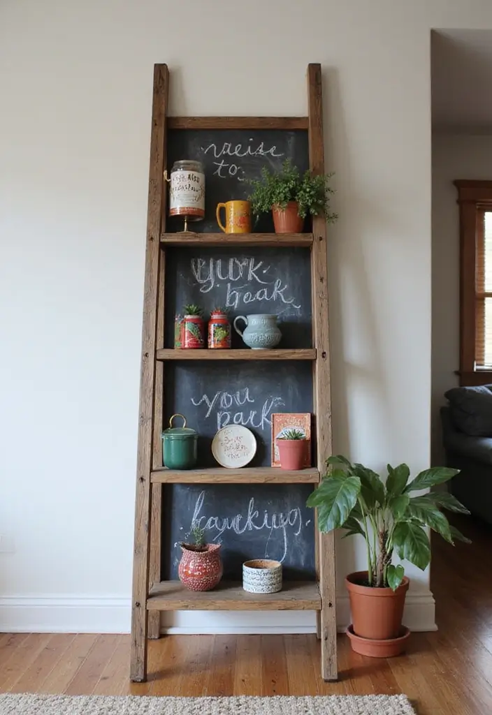 29 Ladder Shelf Living Room Ideas That Look Modern and Functional - 20. Ladder Shelf with a Chalkboard Backdrop