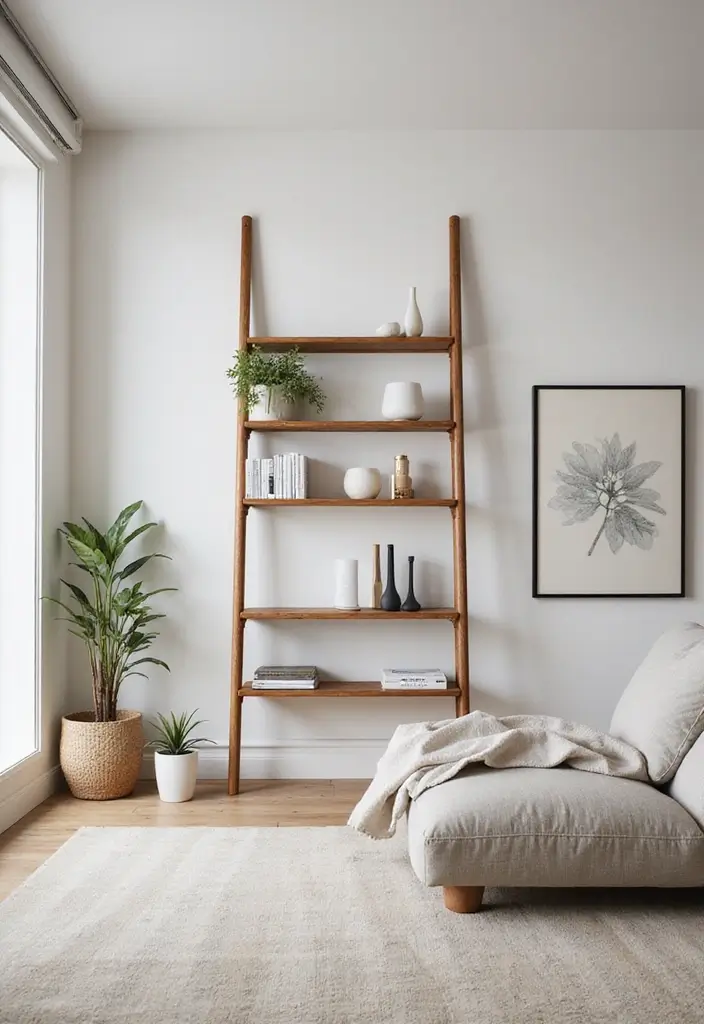 29 Ladder Shelf Living Room Ideas That Look Modern and Functional - 21. Ladder Shelf with an Open Concept Design