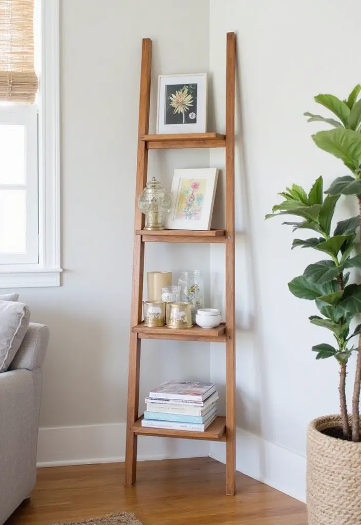 29 Ladder Shelf Living Room Ideas That Look Modern and Functional - 22. Ladder Shelf as an Art Display