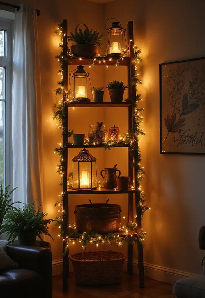 29 Ladder Shelf Living Room Ideas That Look Modern and Functional - 23. Ladder Shelf with Seasonal Lighting