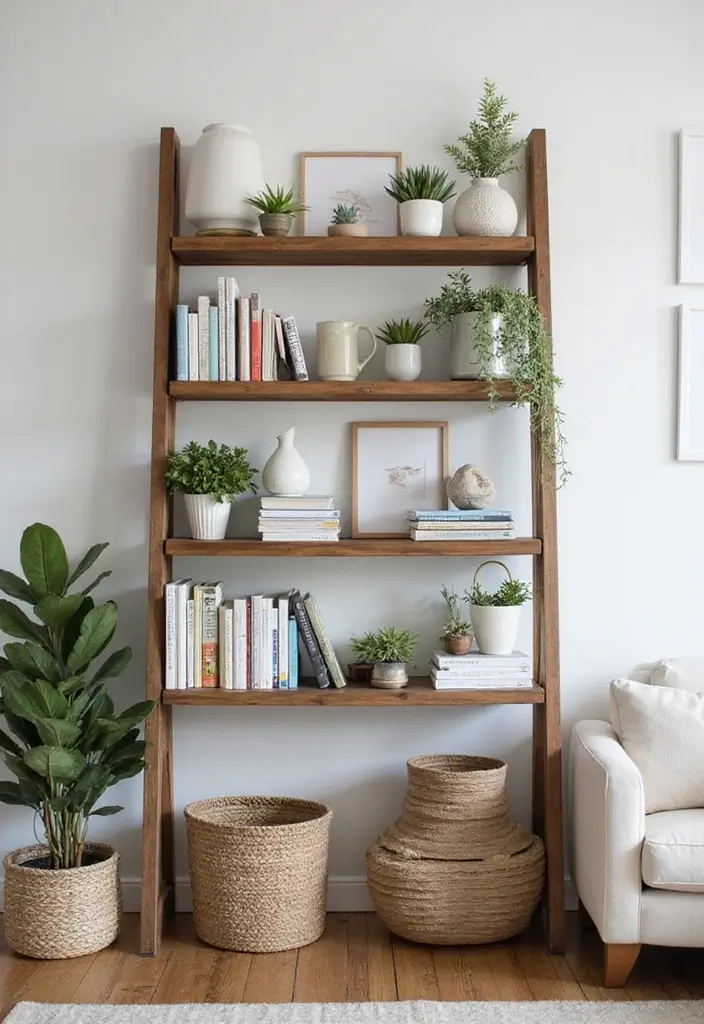 29 Ladder Shelf Living Room Ideas That Look Modern and Functional - 24. Layered Decor on a Ladder Shelf