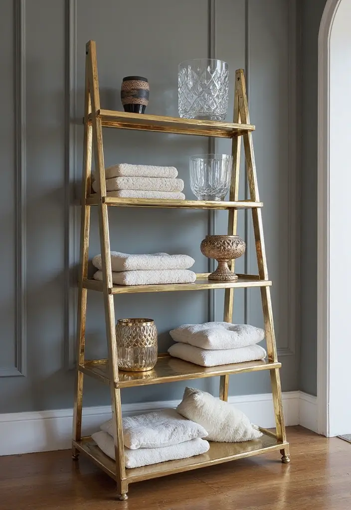 29 Ladder Shelf Living Room Ideas That Look Modern and Functional - 25. Ladder Shelf with a Touch of Glam