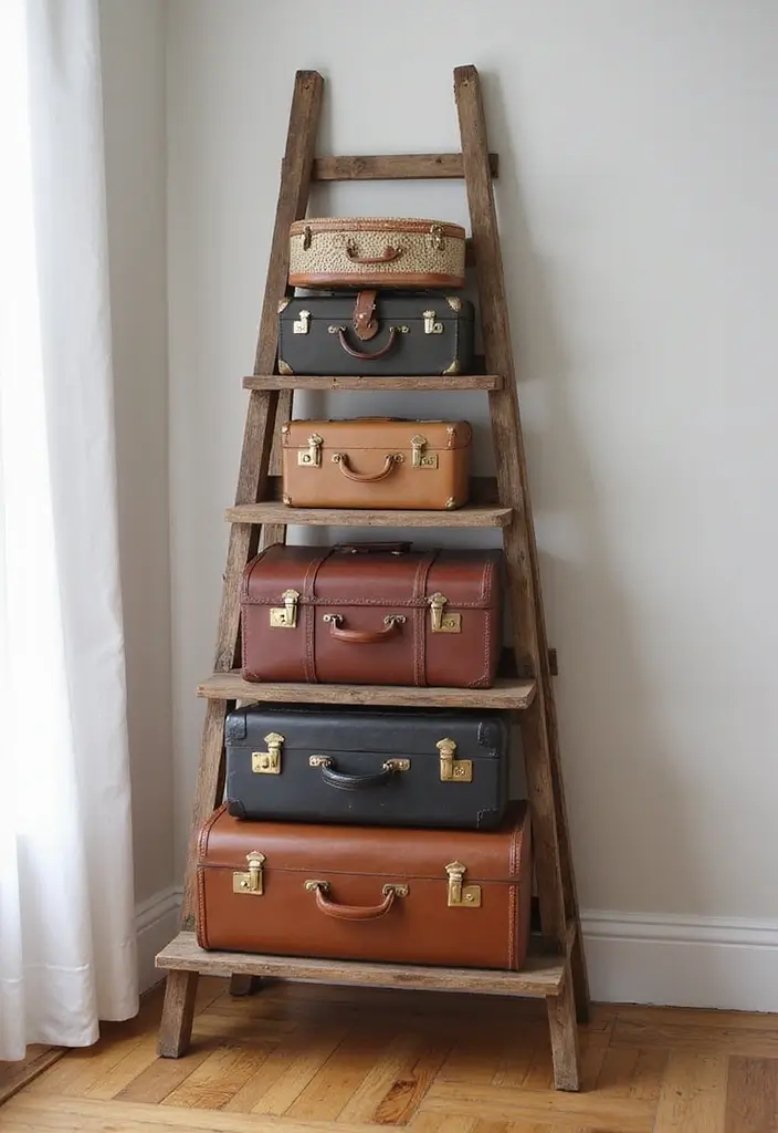 29 Ladder Shelf Living Room Ideas That Look Modern and Functional - 26. Ladder Shelf with Vintage Suitcases