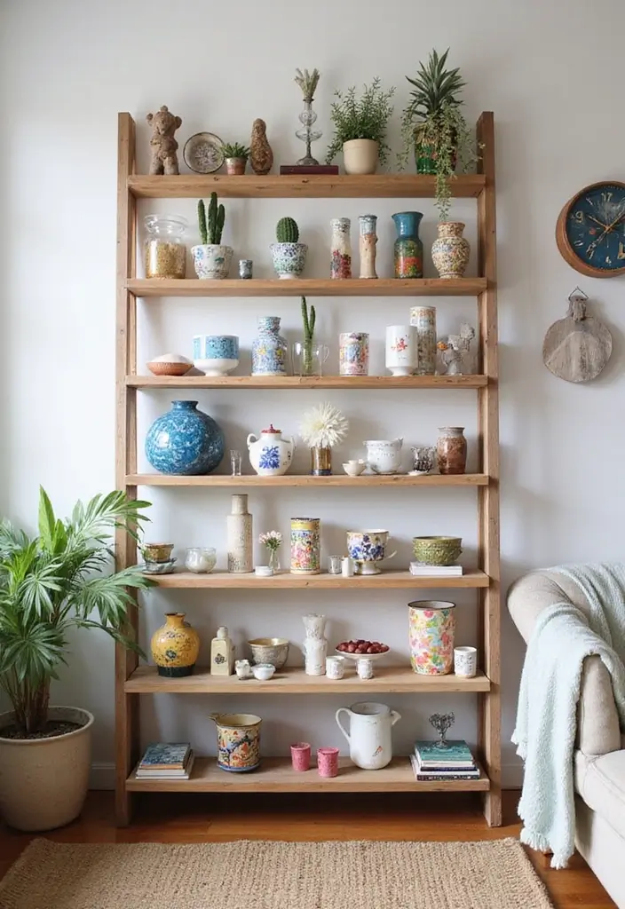 29 Ladder Shelf Living Room Ideas That Look Modern and Functional - 27. Ladder Shelf with Artistic Installations