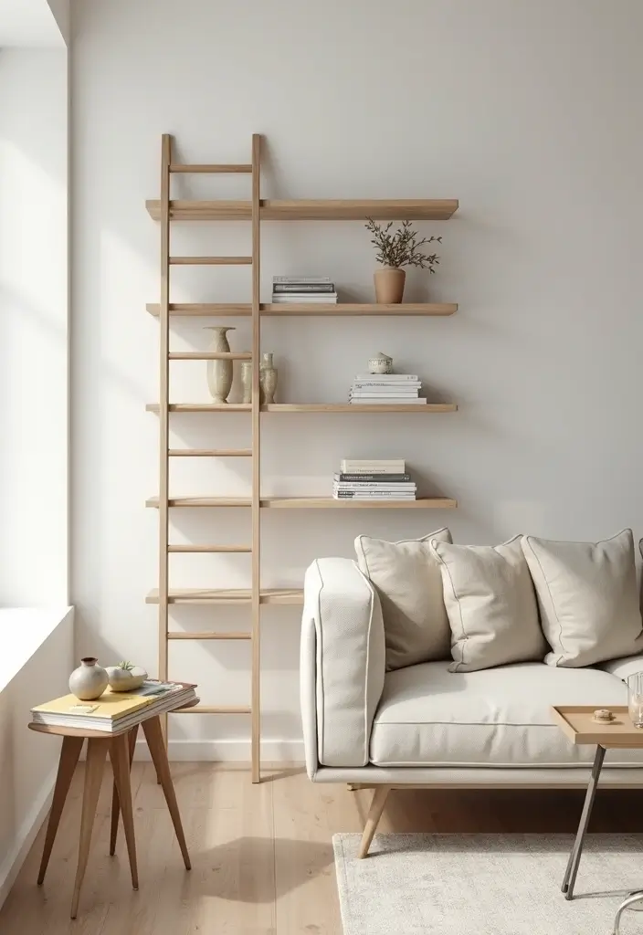 29 Ladder Shelf Living Room Ideas That Look Modern and Functional - 28. Floating Ladder Shelf Concept