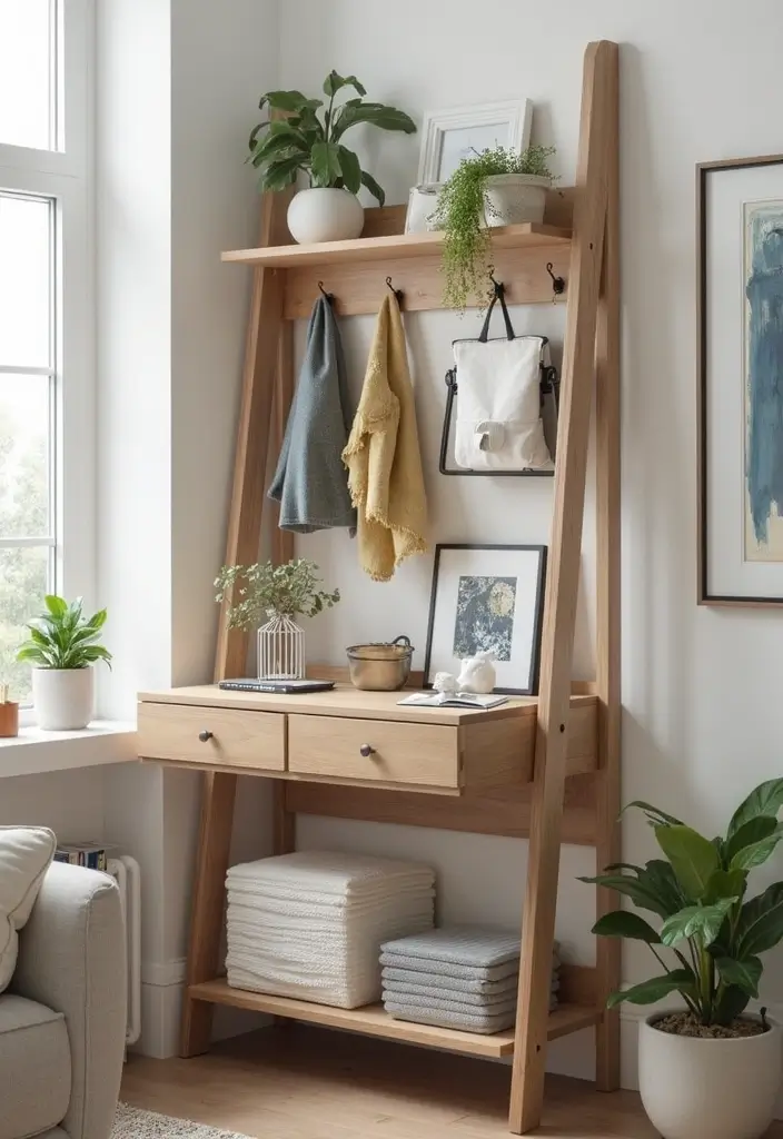 29 Ladder Shelf Living Room Ideas That Look Modern and Functional - 29. Ladder Shelf with Multi-functional Use