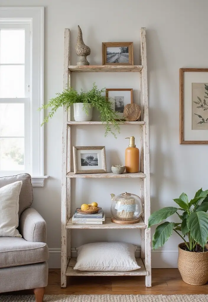 29 Ladder Shelf Living Room Ideas That Look Modern and Functional - 3. Whitewashed Ladder Shelf with Cozy Accents