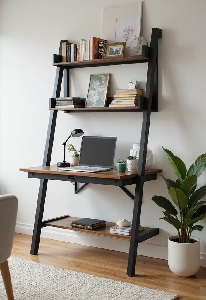 29 Ladder Shelf Living Room Ideas That Look Modern and Functional - 4. Multifunctional Ladder Shelf with Desk