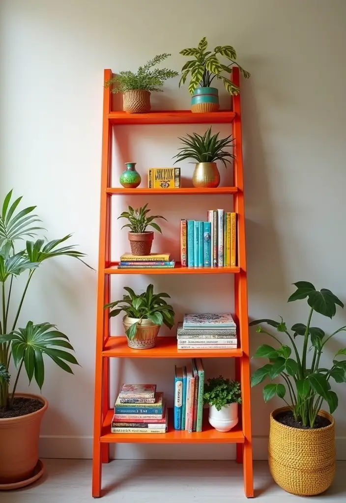29 Ladder Shelf Living Room Ideas That Look Modern and Functional - 5. Ladder Shelf with a Pop of Color
