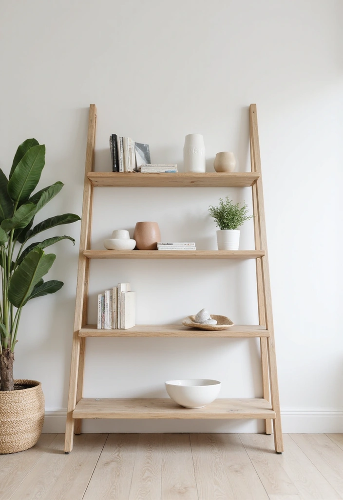 29 Ladder Shelf Living Room Ideas That Look Modern and Functional - 6. Minimalist Ladder Shelf with Neutral Tones