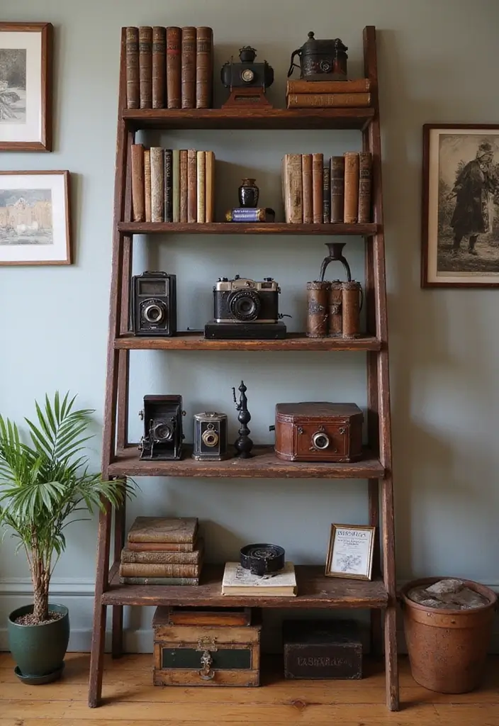 29 Ladder Shelf Living Room Ideas That Look Modern and Functional - 7. Vintage Ladder Shelf with Antique Finds