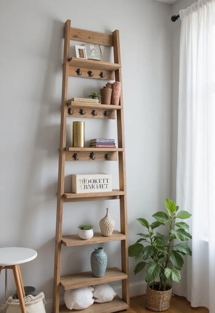 29 Ladder Shelf Living Room Ideas That Look Modern and Functional - 8. Customized Ladder Shelf for Personal Touch