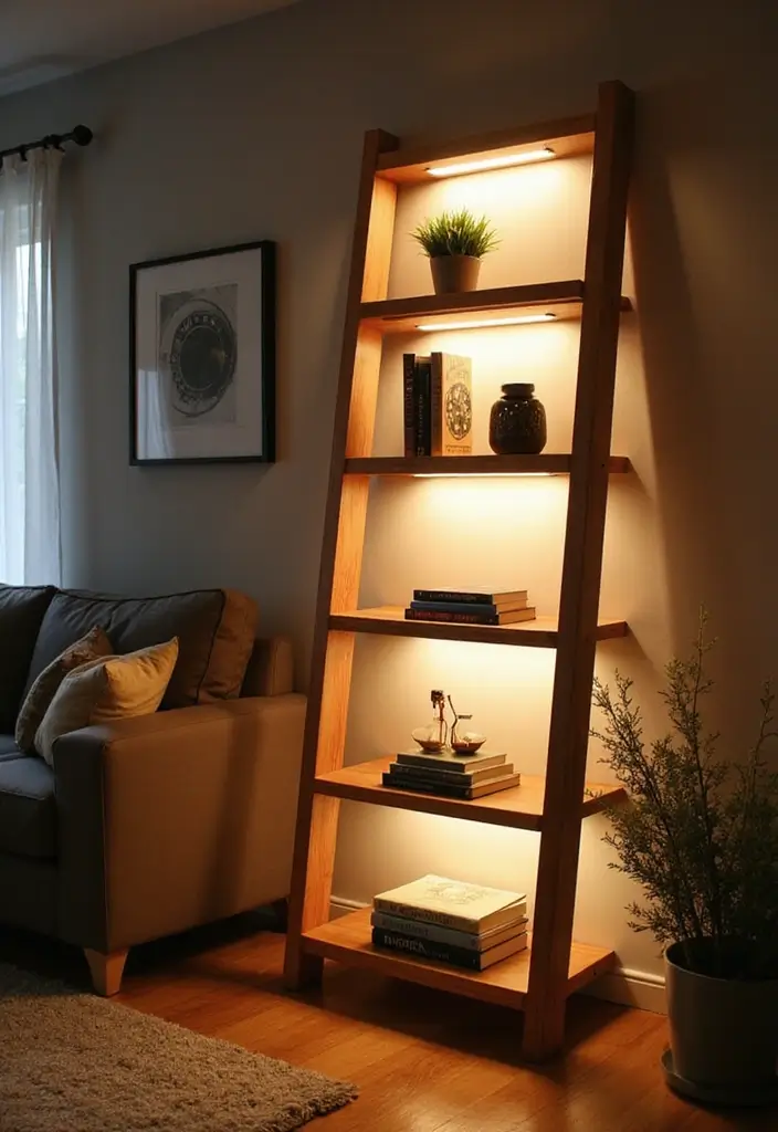 29 Ladder Shelf Living Room Ideas That Look Modern and Functional - 9. Ladder Shelf with Built-in Lighting