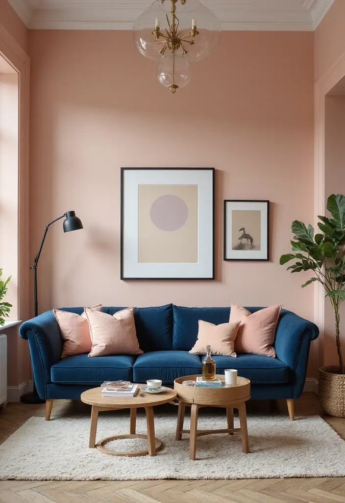 29 Living Room Mood Board Colour Schemes That Inspire Your Design - 13. Soft Peach and Deep Navy