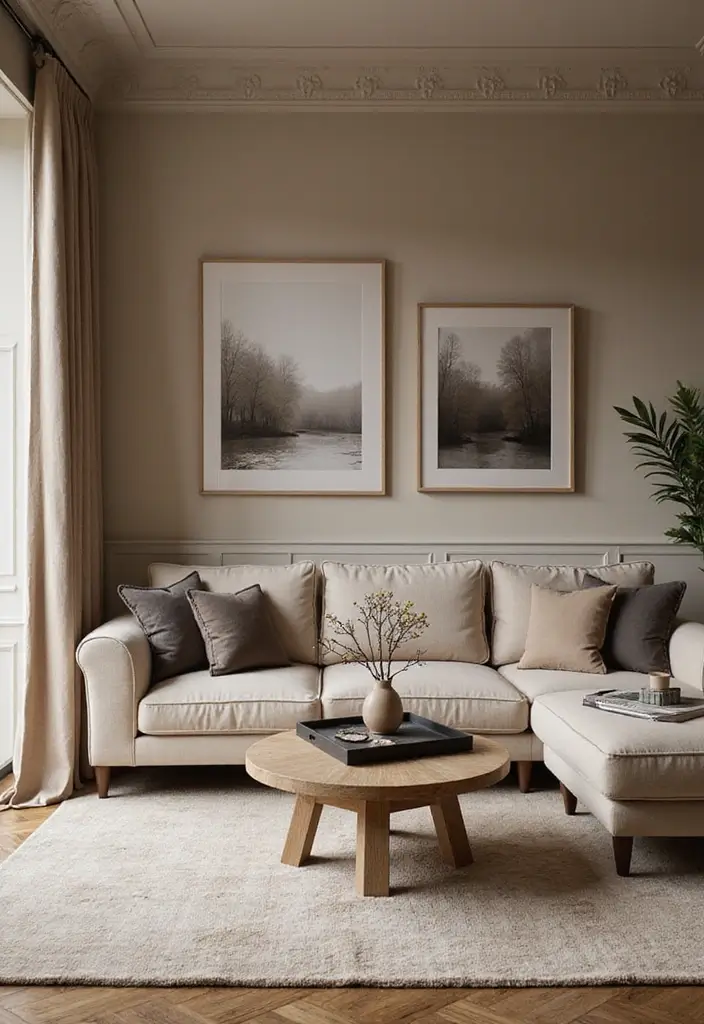 29 Living Room Mood Board Colour Schemes That Inspire Your Design - 16. Warm Beige and Soft Charcoal